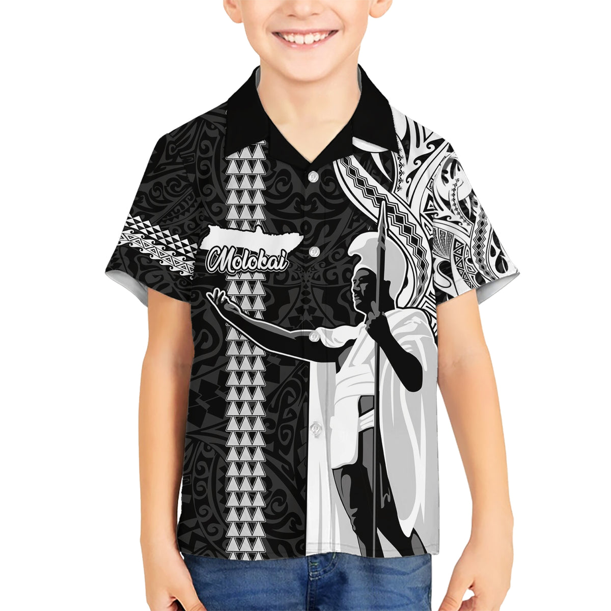 Hawaii Molokai Island Kid Hawaiian Shirt Hawaiian King and Kakau Symbols Abstract Shoulder Tattoo LT03 Kid Black - Polynesian Pride