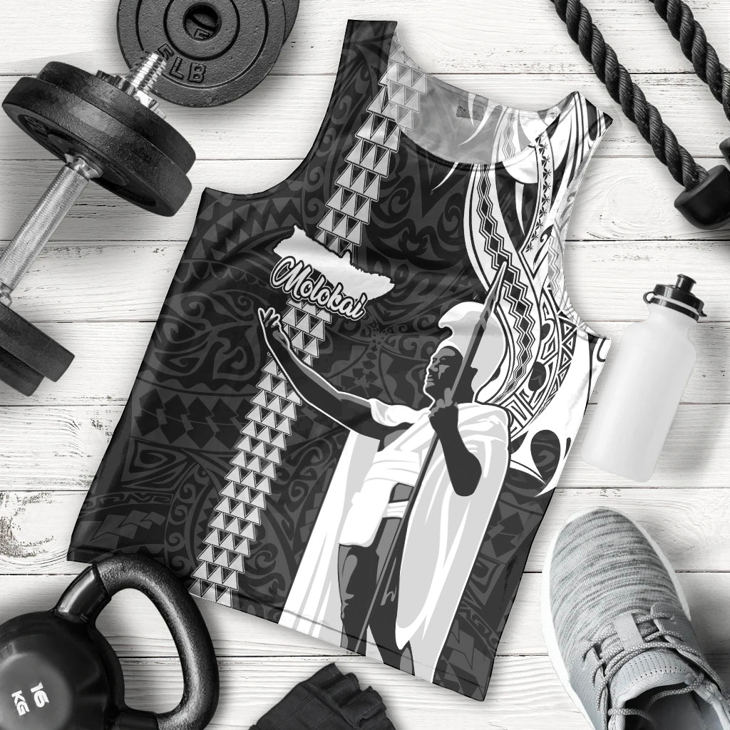 Hawaii Molokai Island Men Tank Top Hawaiian King and Kakau Symbols Abstract Shoulder Tattoo LT03 Black - Polynesian Pride