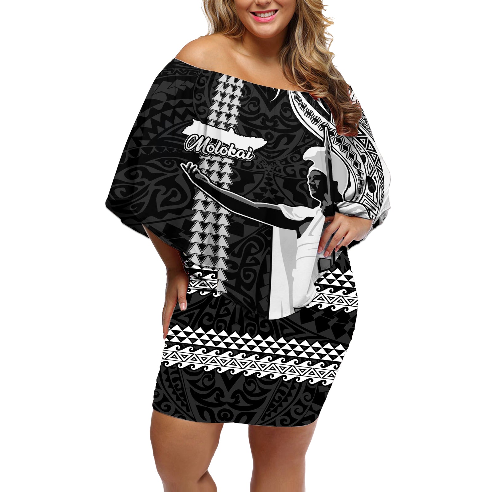 Hawaii Molokai Island Off Shoulder Short Dress Hawaiian King and Kakau Symbols Abstract Shoulder Tattoo LT03 Women Black - Polynesian Pride