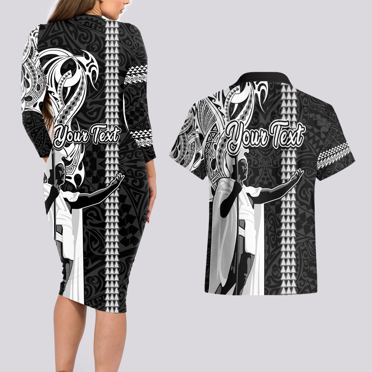 Custom Hawaii Molokai Island Couples Matching Long Sleeve Bodycon Dress and Hawaiian Shirt Hawaiian King and Kakau Symbols Abstract Shoulder Tattoo LT03 - Polynesian Pride