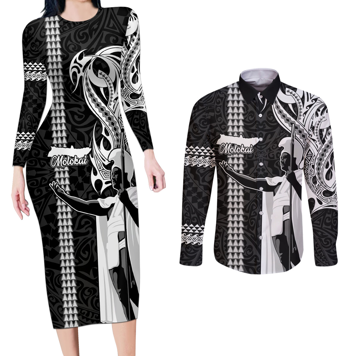 Custom Hawaii Molokai Island Couples Matching Long Sleeve Bodycon Dress and Long Sleeve Button Shirts Hawaiian King and Kakau Symbols Abstract Shoulder Tattoo LT03 Black - Polynesian Pride