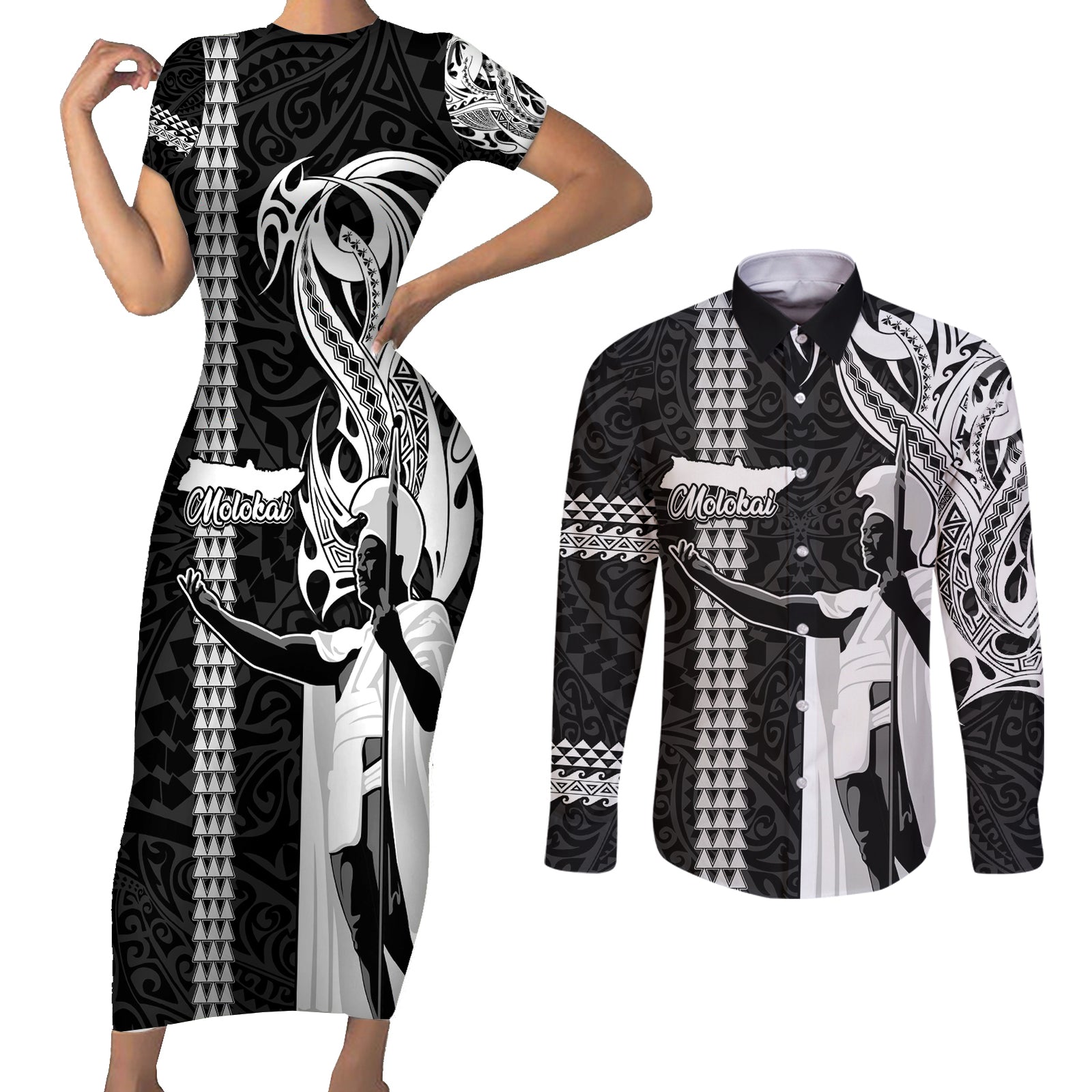 Custom Hawaii Molokai Island Couples Matching Short Sleeve Bodycon Dress and Long Sleeve Button Shirts Hawaiian King and Kakau Symbols Abstract Shoulder Tattoo LT03 Black - Polynesian Pride