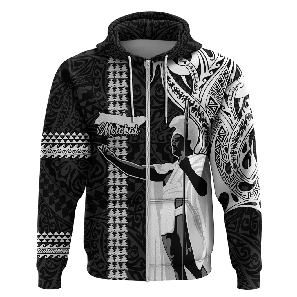 Custom Hawaii Molokai Island Hoodie Hawaiian King and Kakau Symbols Abstract Shoulder Tattoo LT03 Zip Hoodie Black - Polynesian Pride