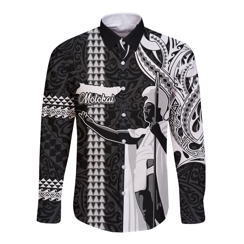 Custom Hawaii Molokai Island Long Sleeve Button Shirt Hawaiian King and Kakau Symbols Abstract Shoulder Tattoo LT03 Unisex Black - Polynesian Pride