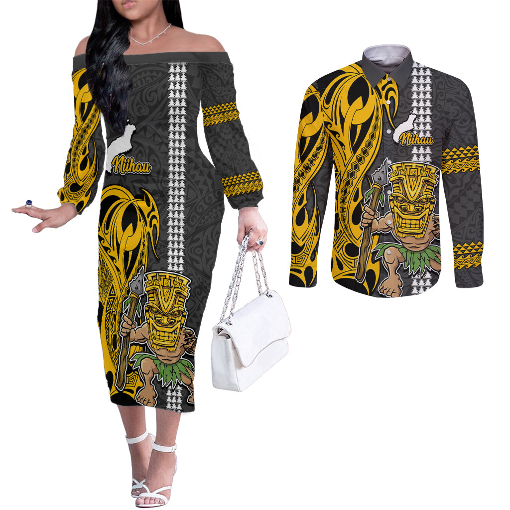 Hawaii Niihau Island Couples Matching Off The Shoulder Long Sleeve Dress and Long Sleeve Button Shirts Hawaiian Warrior and Kakau Symbols Abstract Tattoo LT03 Yellow - Polynesian Pride