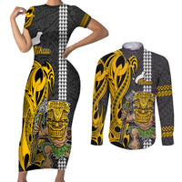 Hawaii Niihau Island Couples Matching Short Sleeve Bodycon Dress and Long Sleeve Button Shirts Hawaiian Warrior and Kakau Symbols Abstract Tattoo LT03 Yellow - Polynesian Pride