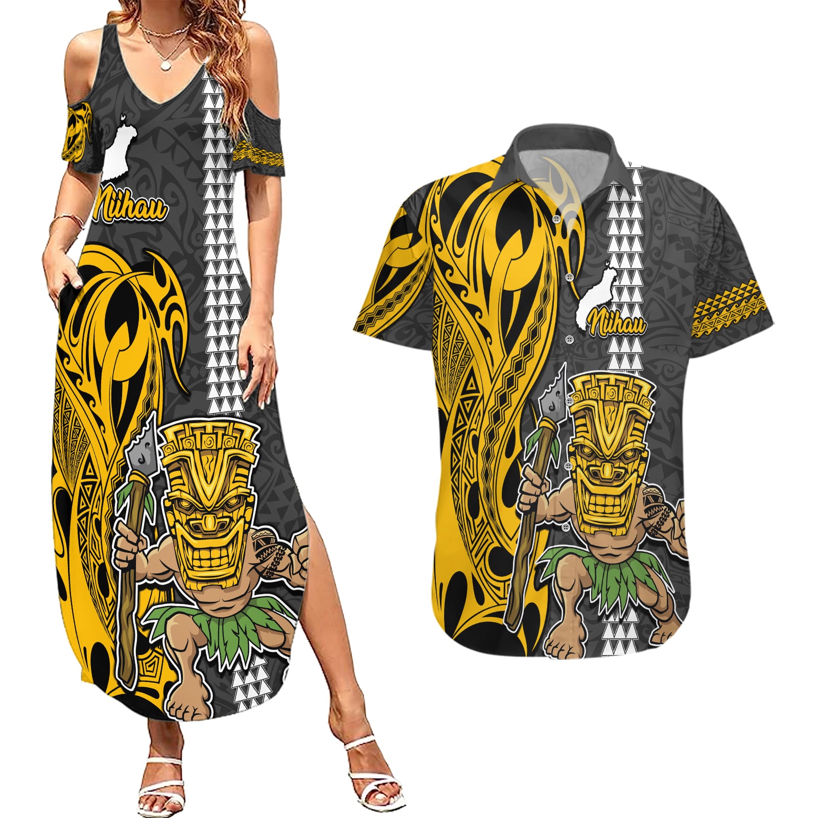 Hawaii Niihau Island Couples Matching Summer Maxi Dress and Hawaiian Shirt Hawaiian Warrior and Kakau Symbols Abstract Tattoo LT03 Yellow - Polynesian Pride