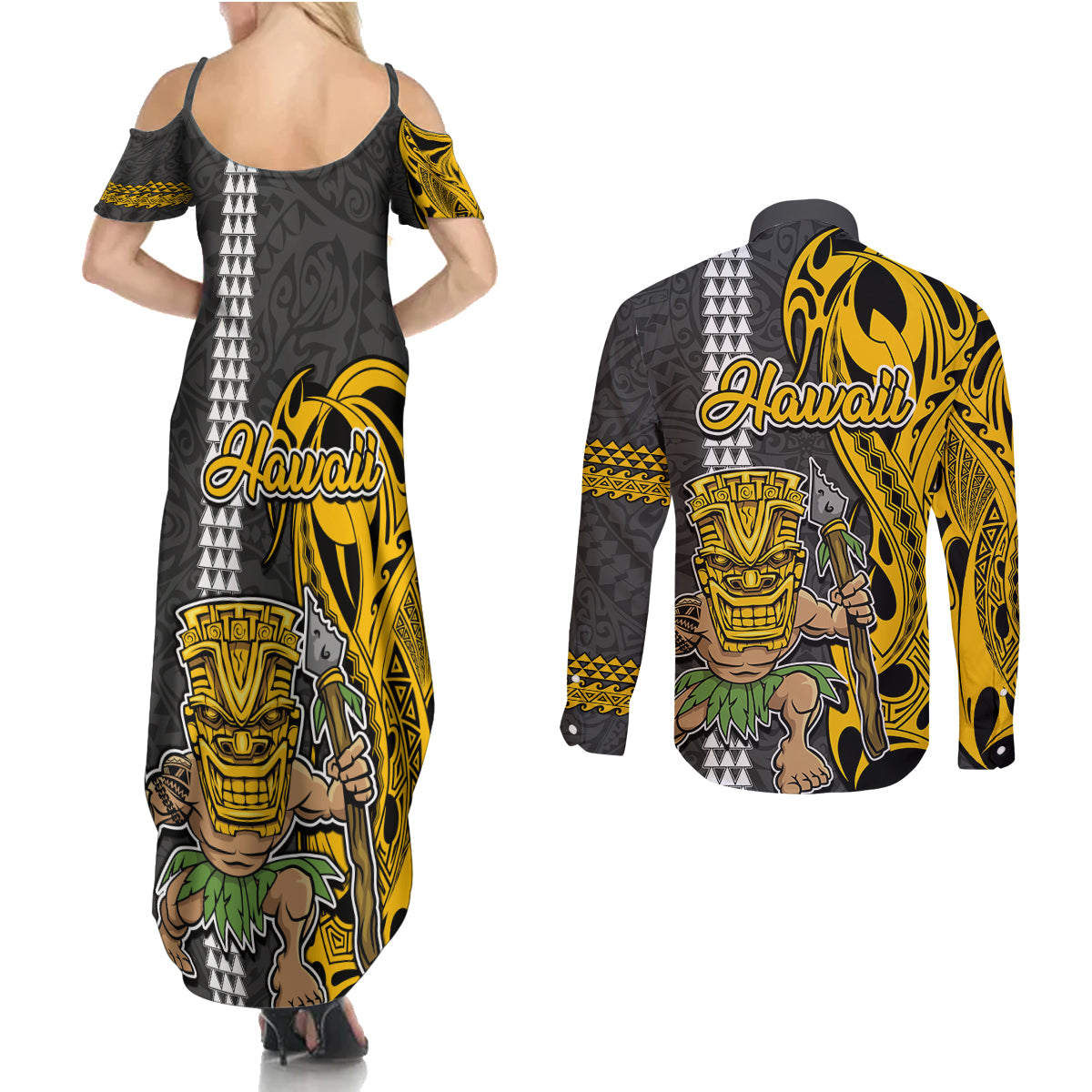 Hawaii Niihau Island Couples Matching Summer Maxi Dress and Long Sleeve Button Shirts Hawaiian Warrior and Kakau Symbols Abstract Tattoo LT03 - Polynesian Pride