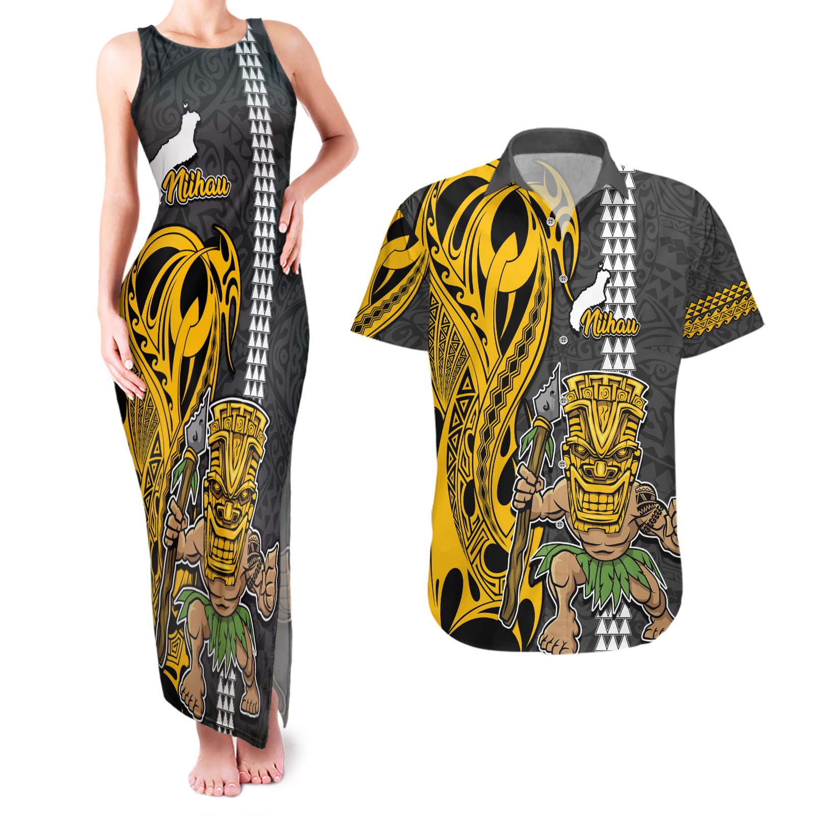 Hawaii Niihau Island Couples Matching Tank Maxi Dress and Hawaiian Shirt Hawaiian Warrior and Kakau Symbols Abstract Tattoo LT03 Yellow - Polynesian Pride