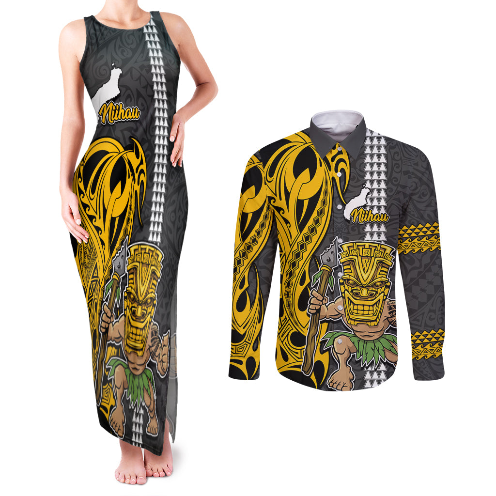 Hawaii Niihau Island Couples Matching Tank Maxi Dress and Long Sleeve Button Shirts Hawaiian Warrior and Kakau Symbols Abstract Tattoo LT03 Yellow - Polynesian Pride