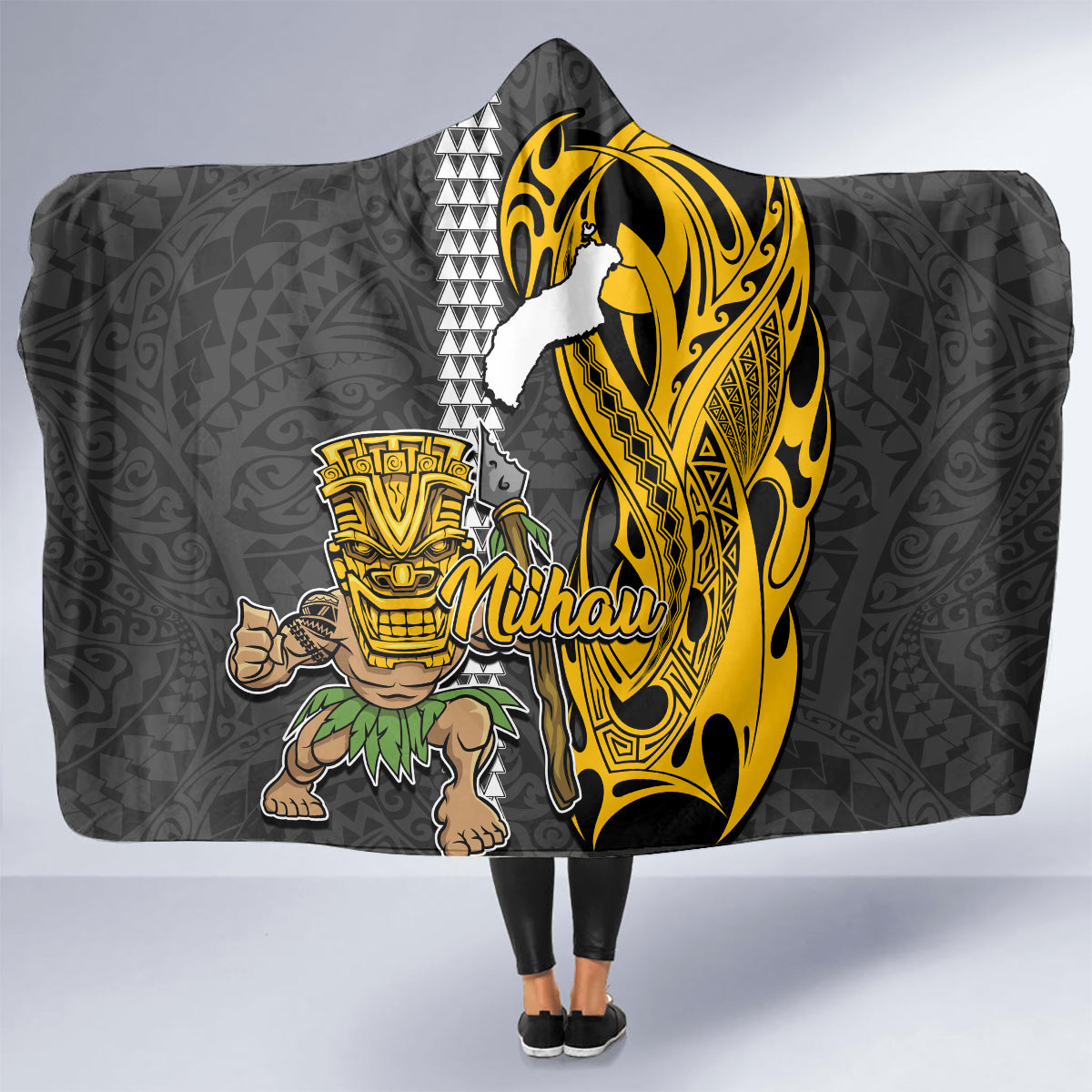 Hawaii Niihau Island Hooded Blanket Hawaiian Warrior and Kakau Symbols Abstract Tattoo LT03 - Polynesian Pride