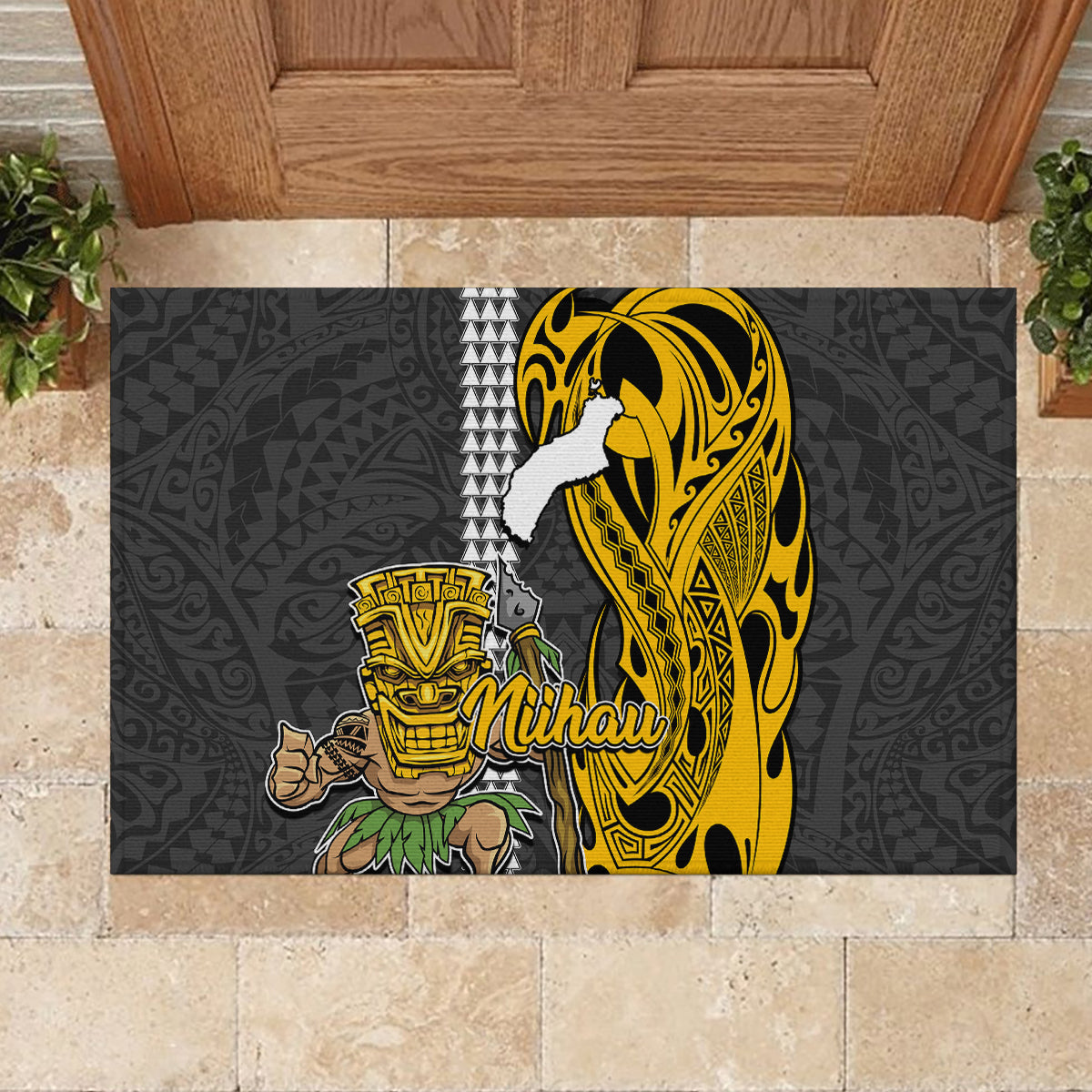 Hawaii Niihau Island Rubber Doormat Hawaiian Warrior and Kakau Symbols Abstract Tattoo LT03 - Polynesian Pride