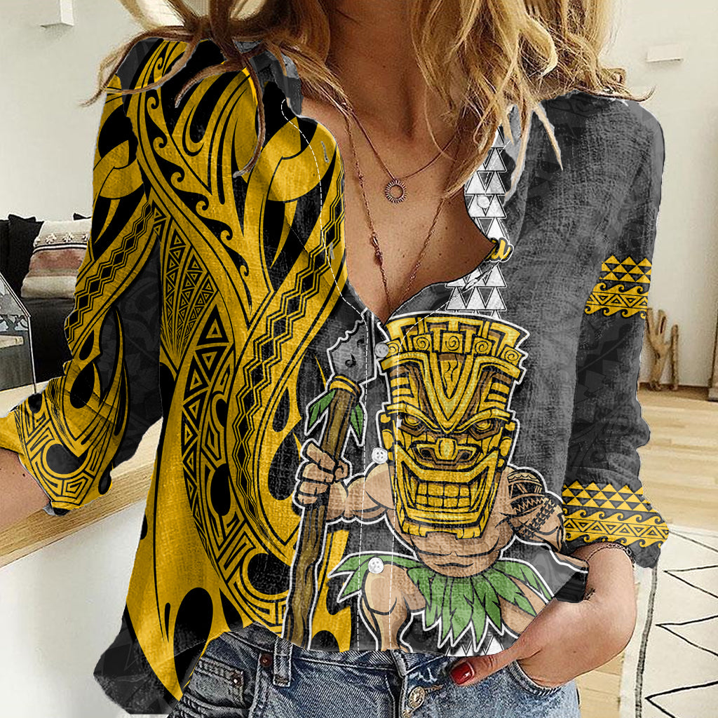 Hawaii Niihau Island Women Casual Shirt Hawaiian Warrior and Kakau Symbols Abstract Tattoo LT03 Female Yellow - Polynesian Pride