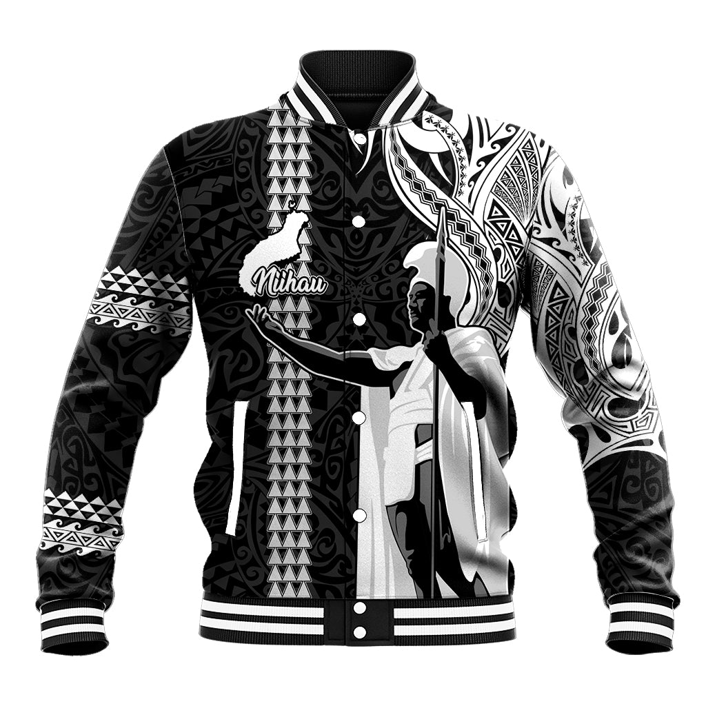 Hawaii Niihau Island Baseball Jacket Hawaiian King and Kakau Symbols Abstract Shoulder Tattoo LT03 Unisex Black - Polynesian Pride
