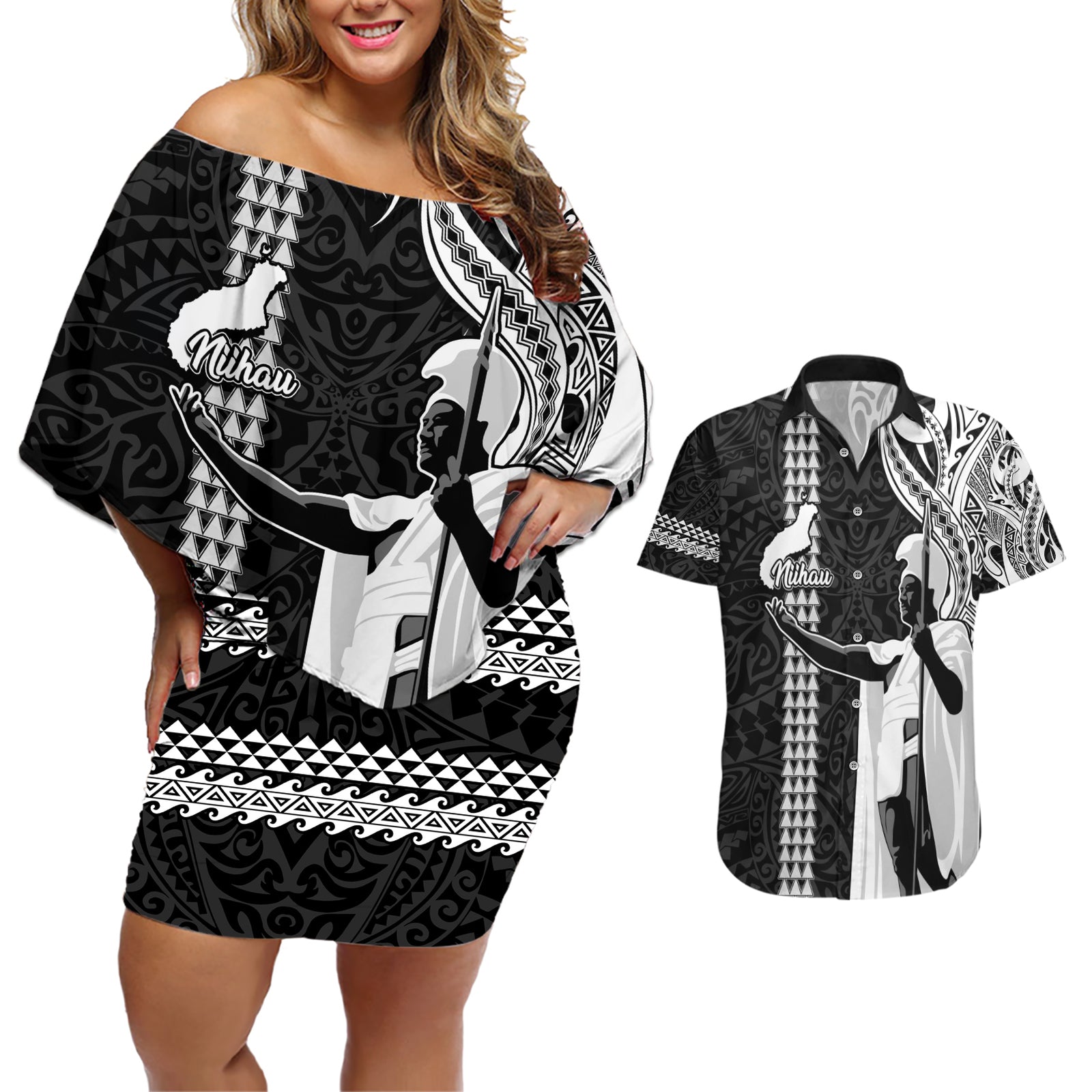 Hawaii Niihau Island Couples Matching Off Shoulder Short Dress and Hawaiian Shirt Hawaiian King and Kakau Symbols Abstract Shoulder Tattoo LT03 Black - Polynesian Pride