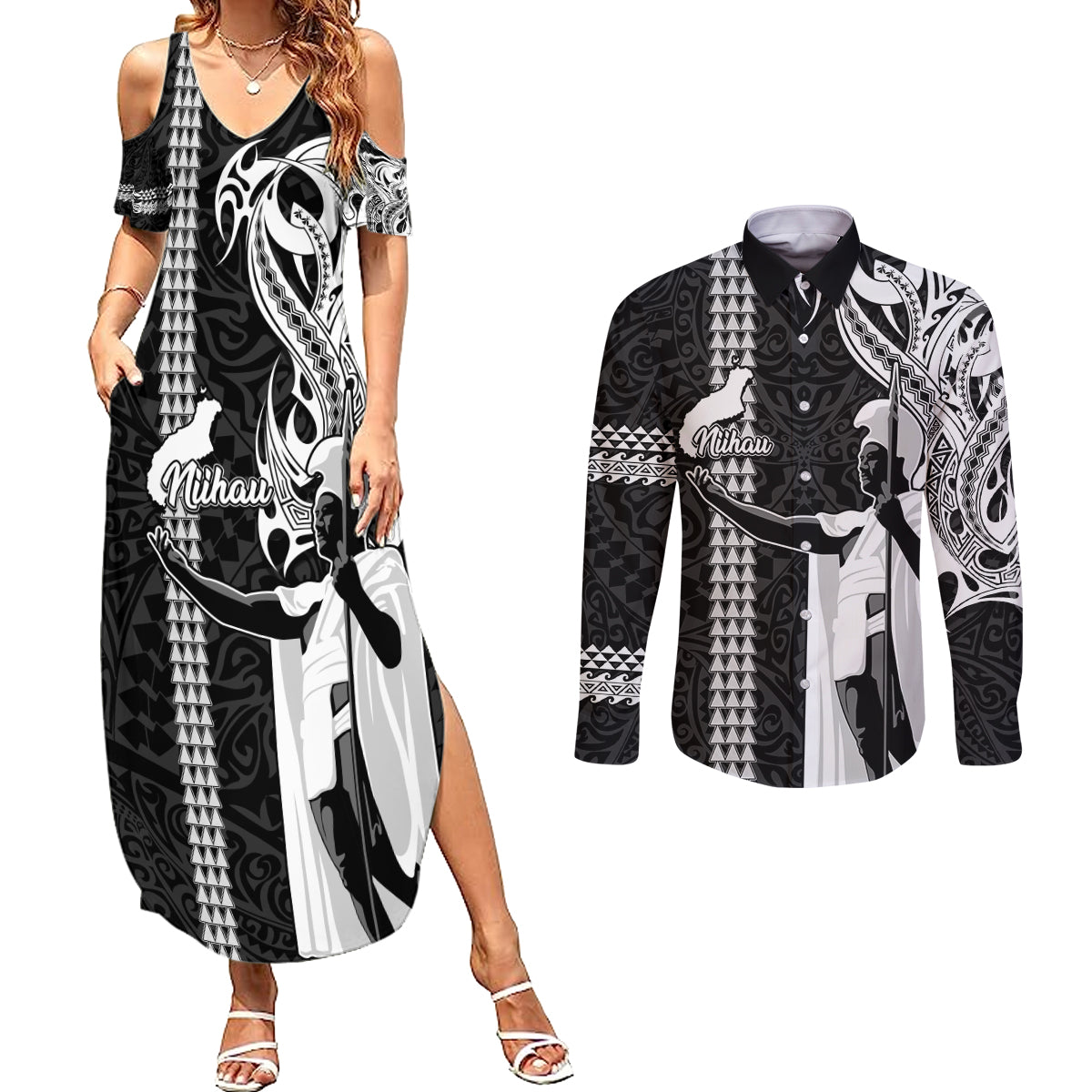 Hawaii Niihau Island Couples Matching Summer Maxi Dress and Long Sleeve Button Shirts Hawaiian King and Kakau Symbols Abstract Shoulder Tattoo LT03 Black - Polynesian Pride