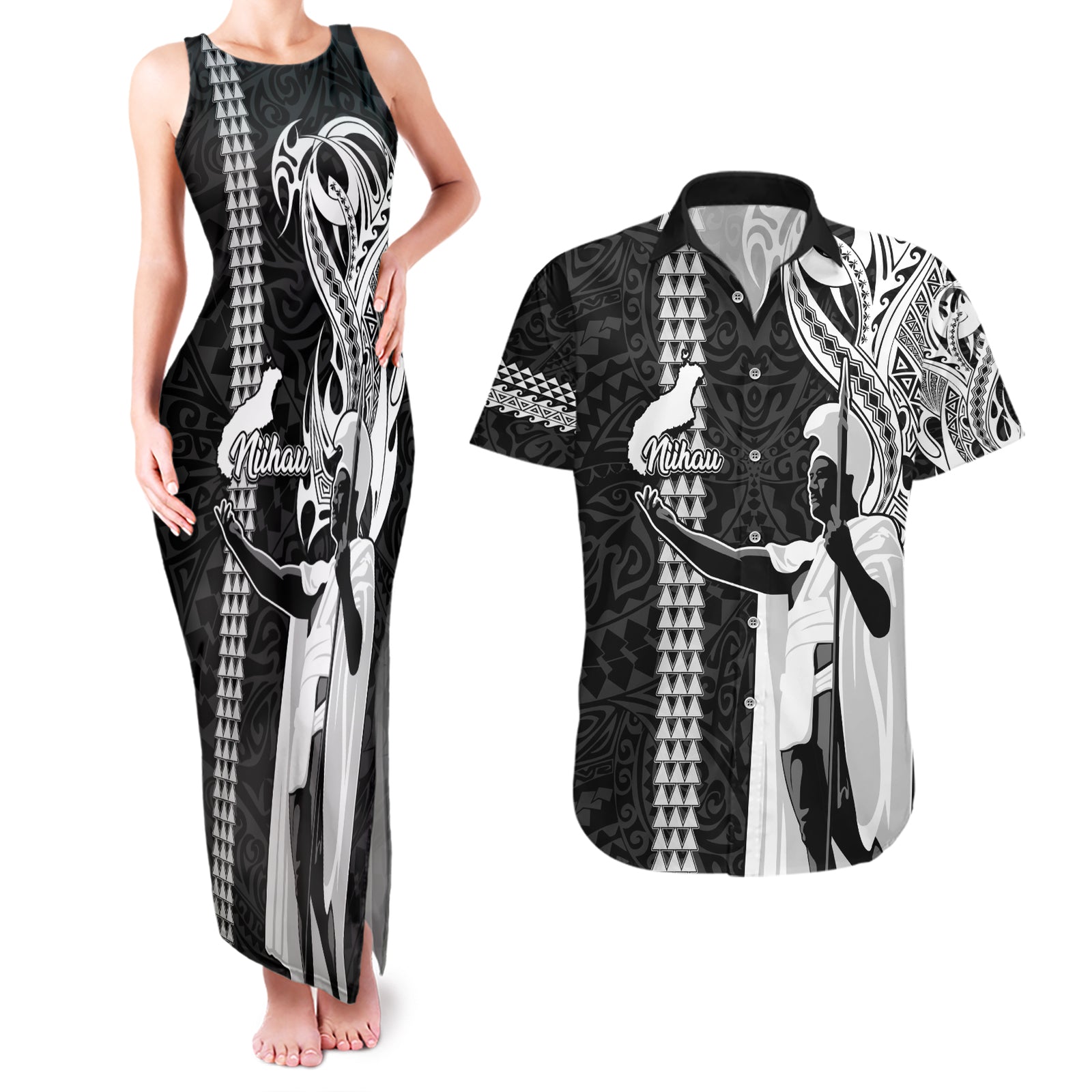 Hawaii Niihau Island Couples Matching Tank Maxi Dress and Hawaiian Shirt Hawaiian King and Kakau Symbols Abstract Shoulder Tattoo LT03 Black - Polynesian Pride