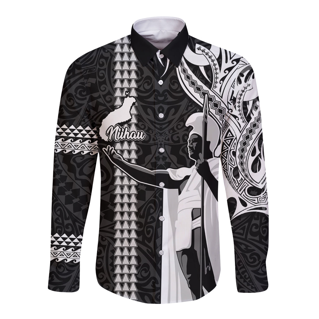 Hawaii Niihau Island Long Sleeve Button Shirt Hawaiian King and Kakau Symbols Abstract Shoulder Tattoo LT03 Unisex Black - Polynesian Pride