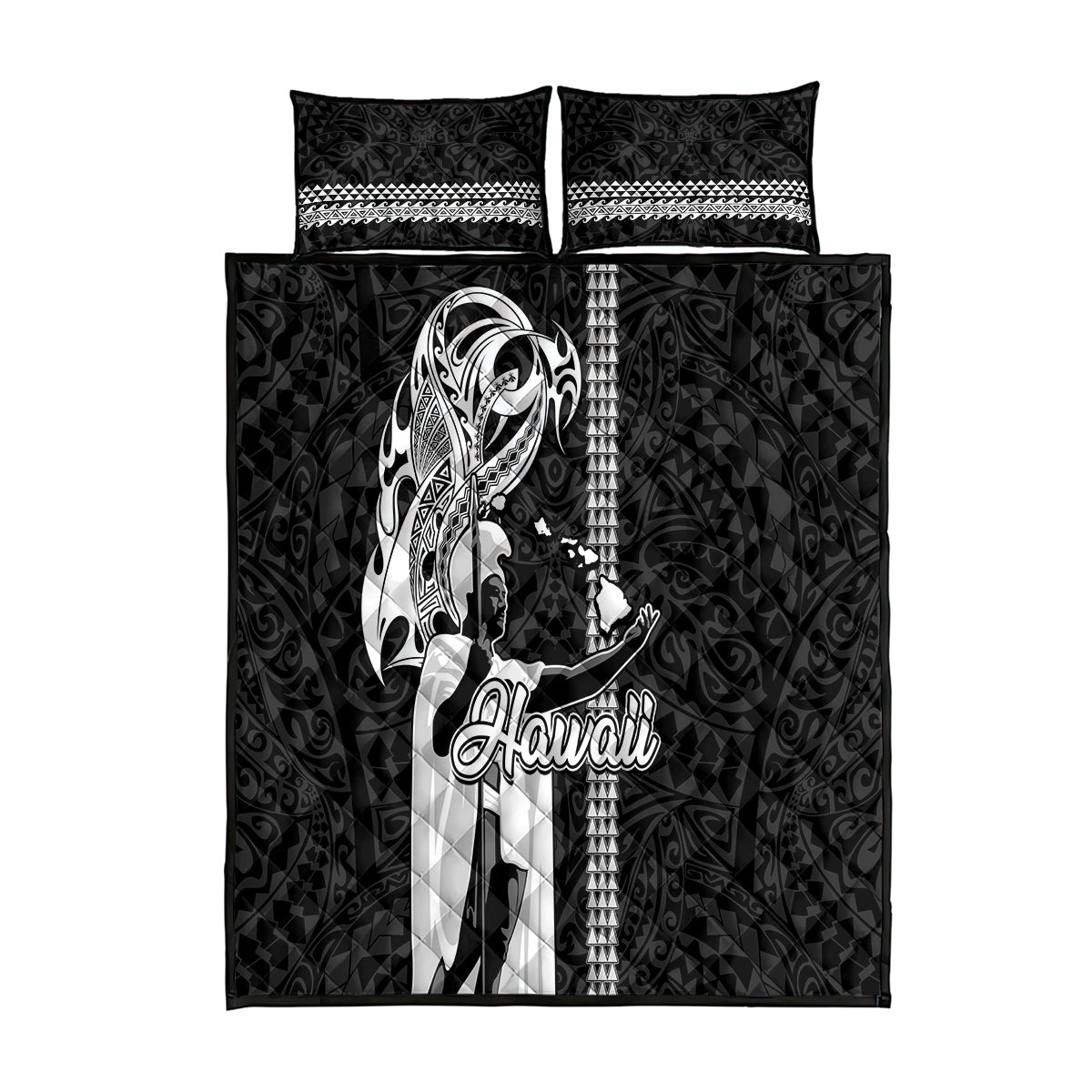 Hawaii Niihau Island Quilt Bed Set Hawaiian King and Kakau Symbols Abstract Shoulder Tattoo LT03 Black - Polynesian Pride