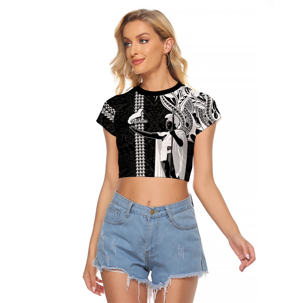 Hawaii Niihau Island Raglan Cropped T Shirt Hawaiian King and Kakau Symbols Abstract Shoulder Tattoo LT03 Female Black - Polynesian Pride