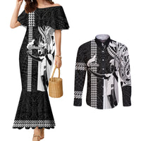 Custom Hawaii Niihau Island Couples Matching Mermaid Dress and Long Sleeve Button Shirts Hawaiian King and Kakau Symbols Abstract Shoulder Tattoo LT03 Black - Polynesian Pride