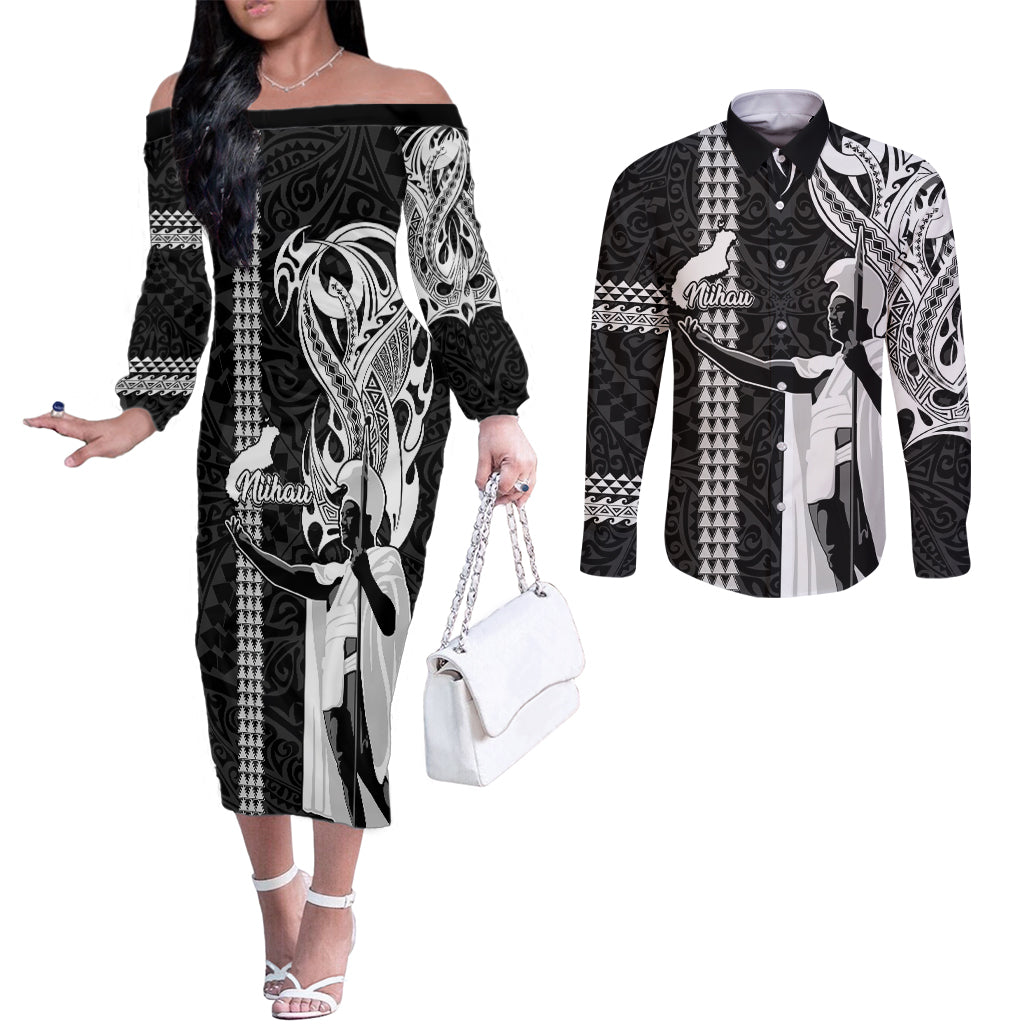 Custom Hawaii Niihau Island Couples Matching Off The Shoulder Long Sleeve Dress and Long Sleeve Button Shirts Hawaiian King and Kakau Symbols Abstract Shoulder Tattoo LT03 Black - Polynesian Pride
