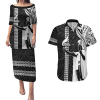 Custom Hawaii Niihau Island Couples Matching Puletasi Dress and Hawaiian Shirt Hawaiian King and Kakau Symbols Abstract Shoulder Tattoo LT03 Black - Polynesian Pride
