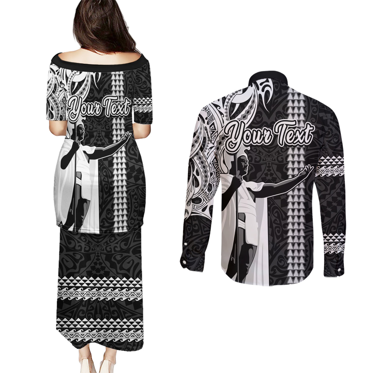 Custom Hawaii Niihau Island Couples Matching Puletasi Dress and Long Sleeve Button Shirts Hawaiian King and Kakau Symbols Abstract Shoulder Tattoo LT03 - Polynesian Pride