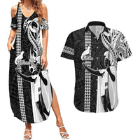 Custom Hawaii Niihau Island Couples Matching Summer Maxi Dress and Hawaiian Shirt Hawaiian King and Kakau Symbols Abstract Shoulder Tattoo LT03 Black - Polynesian Pride