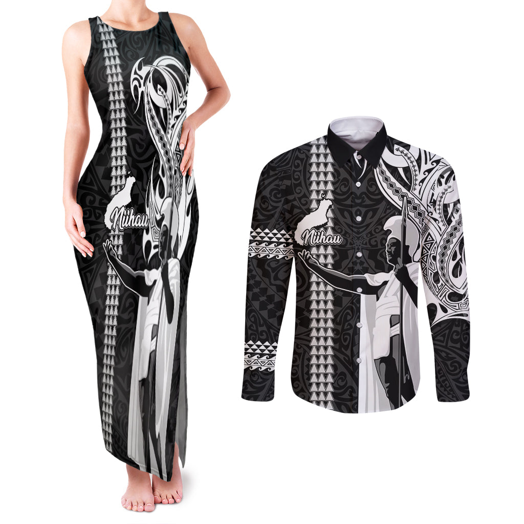 Custom Hawaii Niihau Island Couples Matching Tank Maxi Dress and Long Sleeve Button Shirts Hawaiian King and Kakau Symbols Abstract Shoulder Tattoo LT03 Black - Polynesian Pride