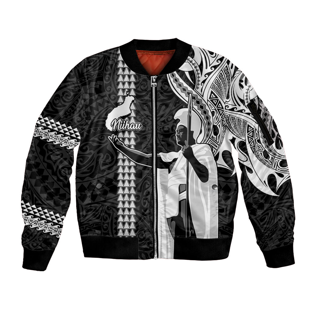 Custom Hawaii Niihau Island Sleeve Zip Bomber Jacket Hawaiian King and Kakau Symbols Abstract Shoulder Tattoo LT03 Unisex Black - Polynesian Pride