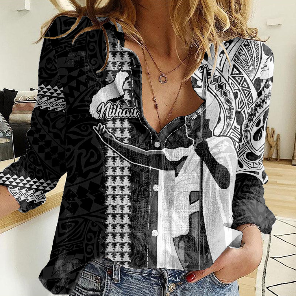 Custom Hawaii Niihau Island Women Casual Shirt Hawaiian King and Kakau Symbols Abstract Shoulder Tattoo LT03 Female Black - Polynesian Pride