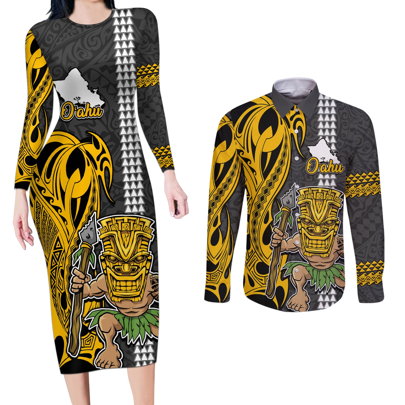 Hawaii Oahu Island Couples Matching Long Sleeve Bodycon Dress and Long Sleeve Button Shirts Hawaiian Warrior and Kakau Symbols Abstract Tattoo LT03 Yellow - Polynesian Pride