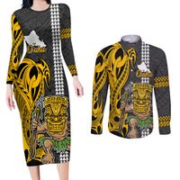 Hawaii Oahu Island Couples Matching Long Sleeve Bodycon Dress and Long Sleeve Button Shirts Hawaiian Warrior and Kakau Symbols Abstract Tattoo LT03 Yellow - Polynesian Pride