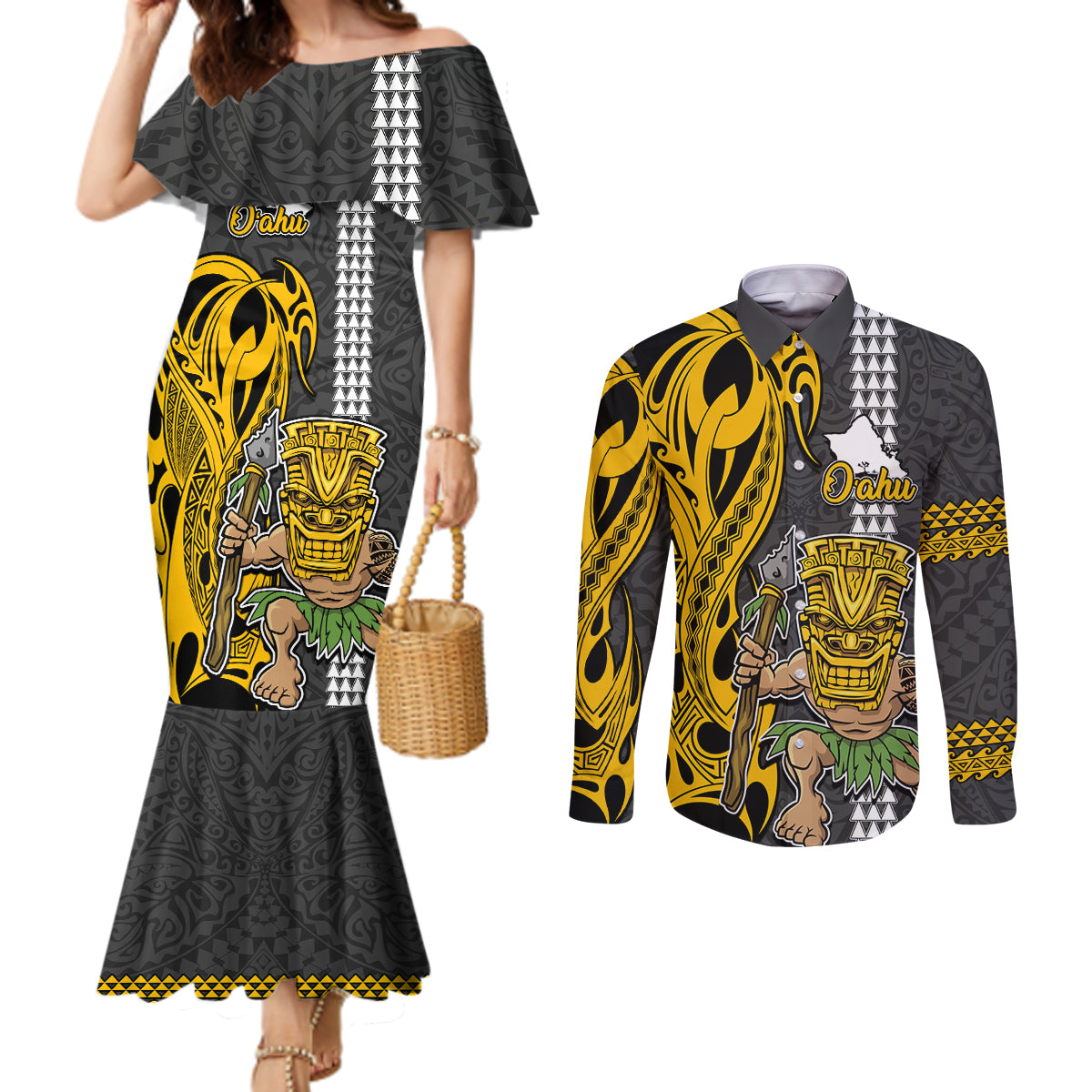 Hawaii Oahu Island Couples Matching Mermaid Dress and Long Sleeve Button Shirts Hawaiian Warrior and Kakau Symbols Abstract Tattoo LT03 Yellow - Polynesian Pride