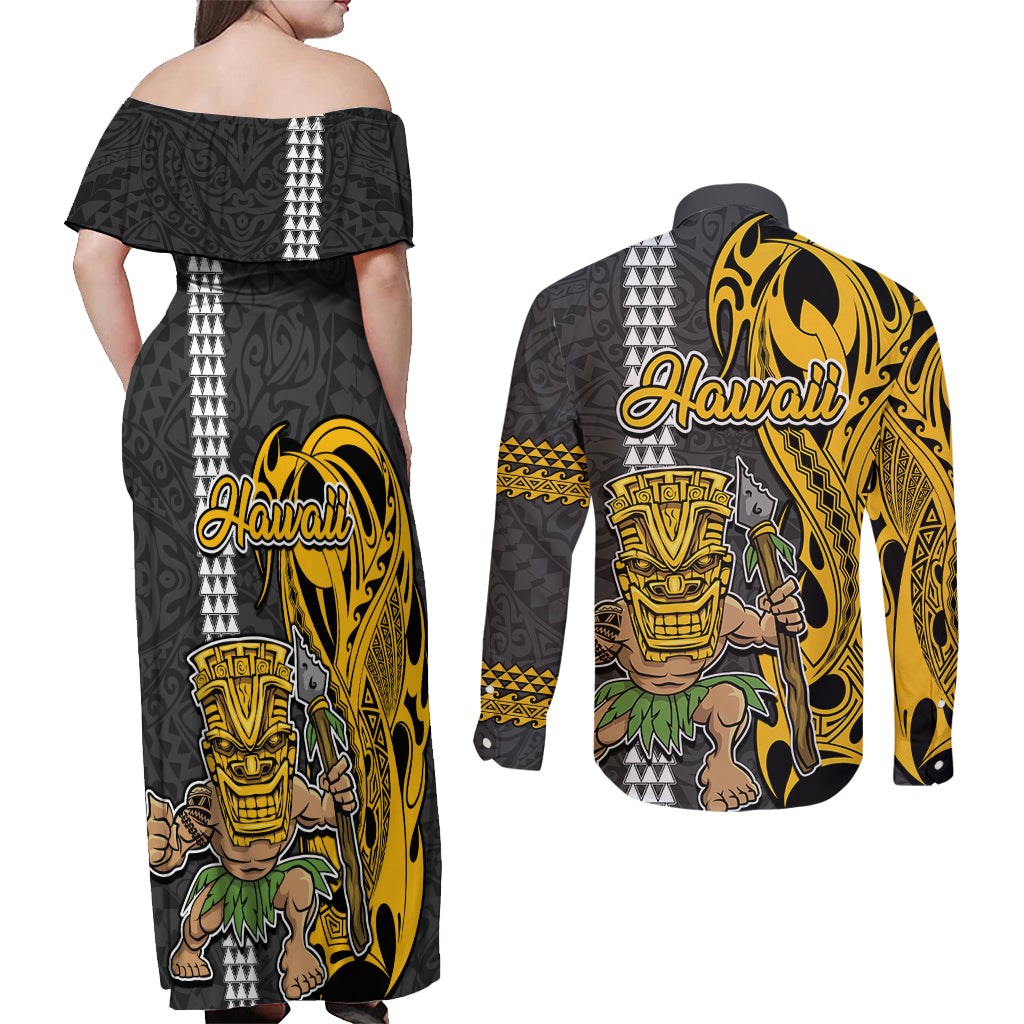Hawaii Oahu Island Couples Matching Off Shoulder Maxi Dress and Long Sleeve Button Shirts Hawaiian Warrior and Kakau Symbols Abstract Tattoo LT03 - Polynesian Pride