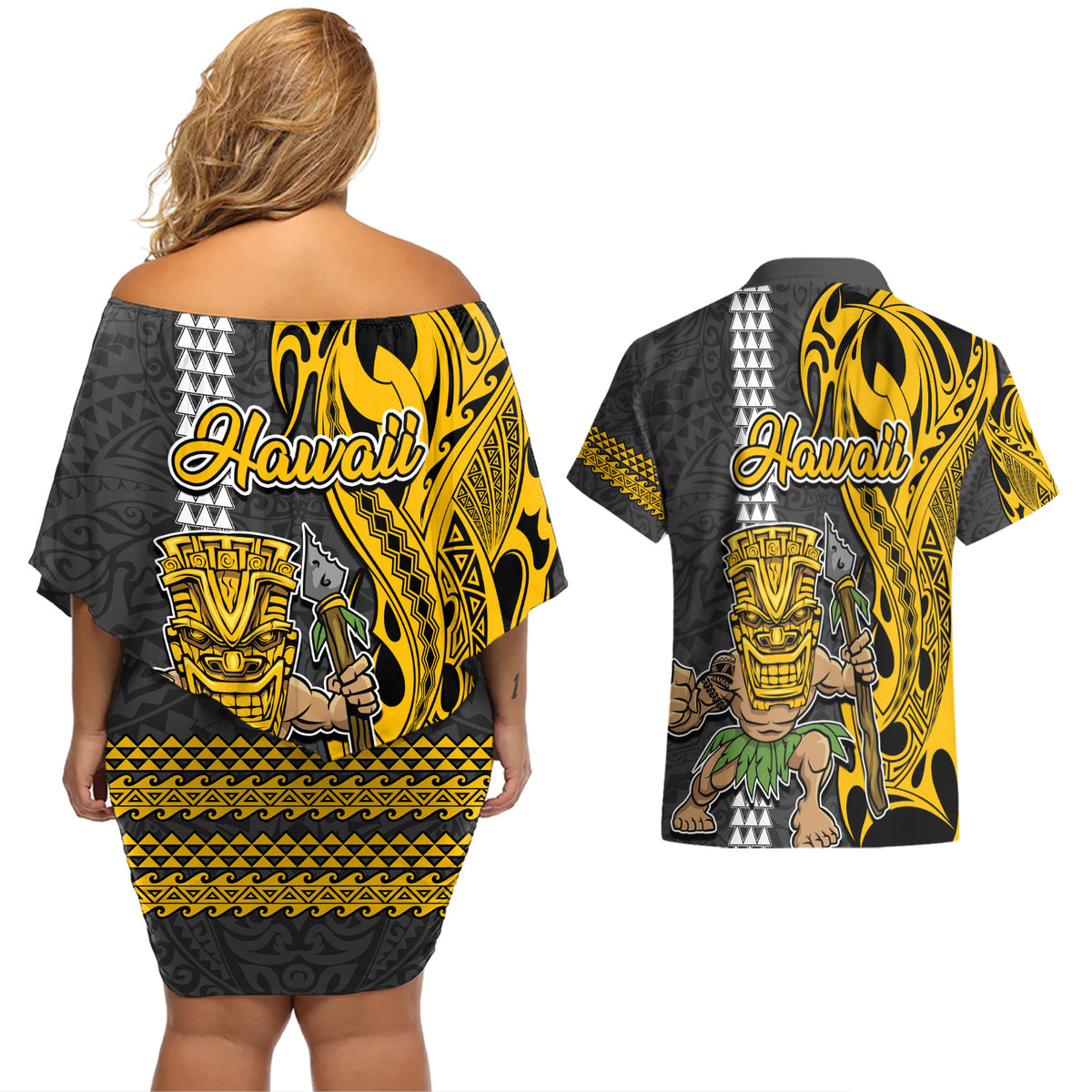 Hawaii Oahu Island Couples Matching Off Shoulder Short Dress and Hawaiian Shirt Hawaiian Warrior and Kakau Symbols Abstract Tattoo LT03 - Polynesian Pride