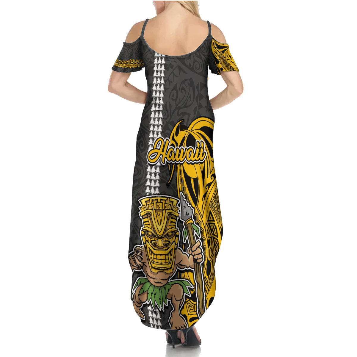 Hawaii Oahu Island Family Matching Summer Maxi Dress and Hawaiian Shirt Hawaiian Warrior and Kakau Symbols Abstract Tattoo LT03 - Polynesian Pride