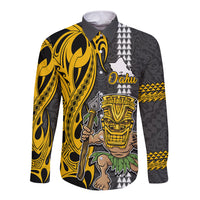 Hawaii Oahu Island Long Sleeve Button Shirt Hawaiian Warrior and Kakau Symbols Abstract Tattoo LT03 Unisex Yellow - Polynesian Pride
