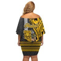 Hawaii Oahu Island Off Shoulder Short Dress Hawaiian Warrior and Kakau Symbols Abstract Tattoo LT03 - Polynesian Pride