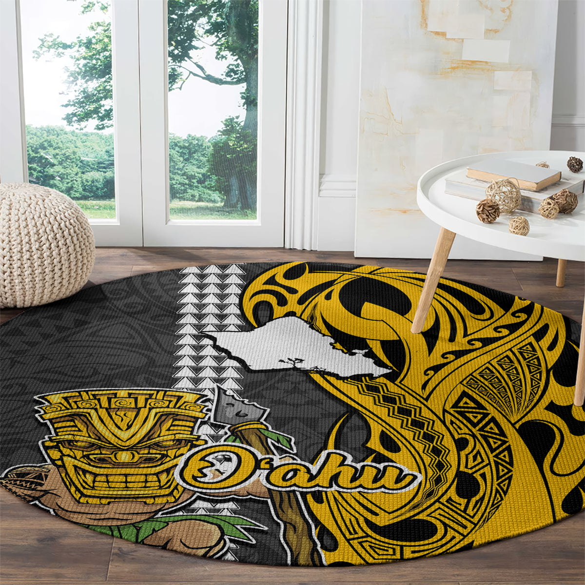 Hawaii Oahu Island Round Carpet Hawaiian Warrior and Kakau Symbols Abstract Tattoo LT03 - Polynesian Pride