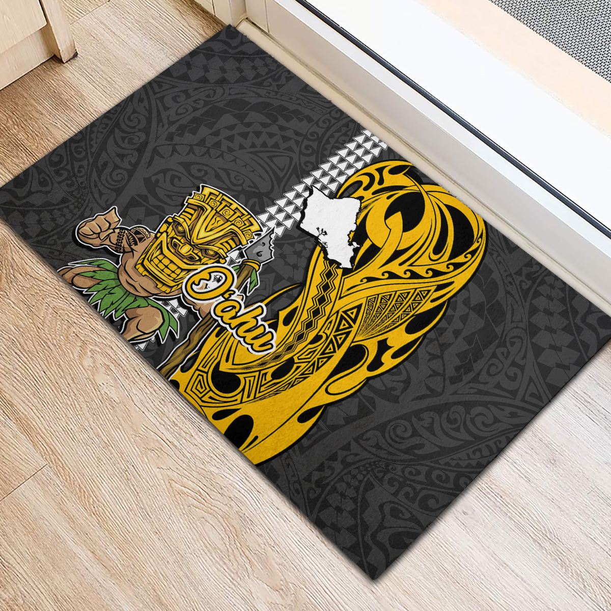 Hawaii Oahu Island Rubber Doormat Hawaiian Warrior and Kakau Symbols Abstract Tattoo LT03 - Polynesian Pride