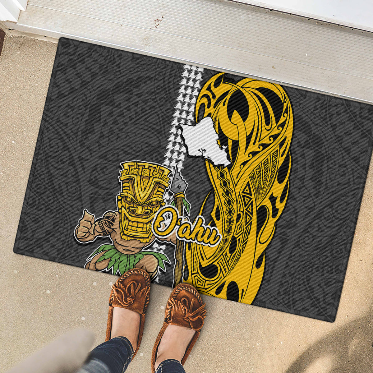 Hawaii Oahu Island Rubber Doormat Hawaiian Warrior and Kakau Symbols Abstract Tattoo LT03 - Polynesian Pride