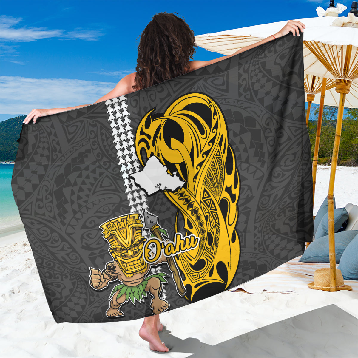 Hawaii Oahu Island Sarong Hawaiian Warrior and Kakau Symbols Abstract Tattoo LT03 One Size 44 x 66 inches Yellow - Polynesian Pride