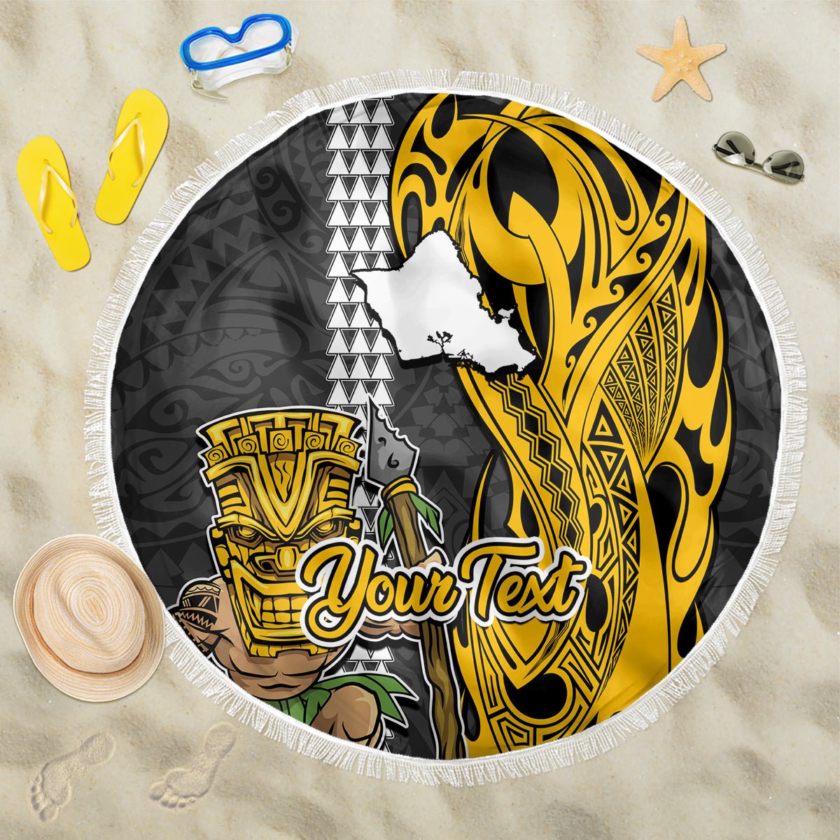 Custom Hawaii Oahu Island Beach Blanket Hawaiian Warrior and Kakau Symbols Abstract Tattoo LT03 One Size 150cm Yellow - Wonder Print Shop