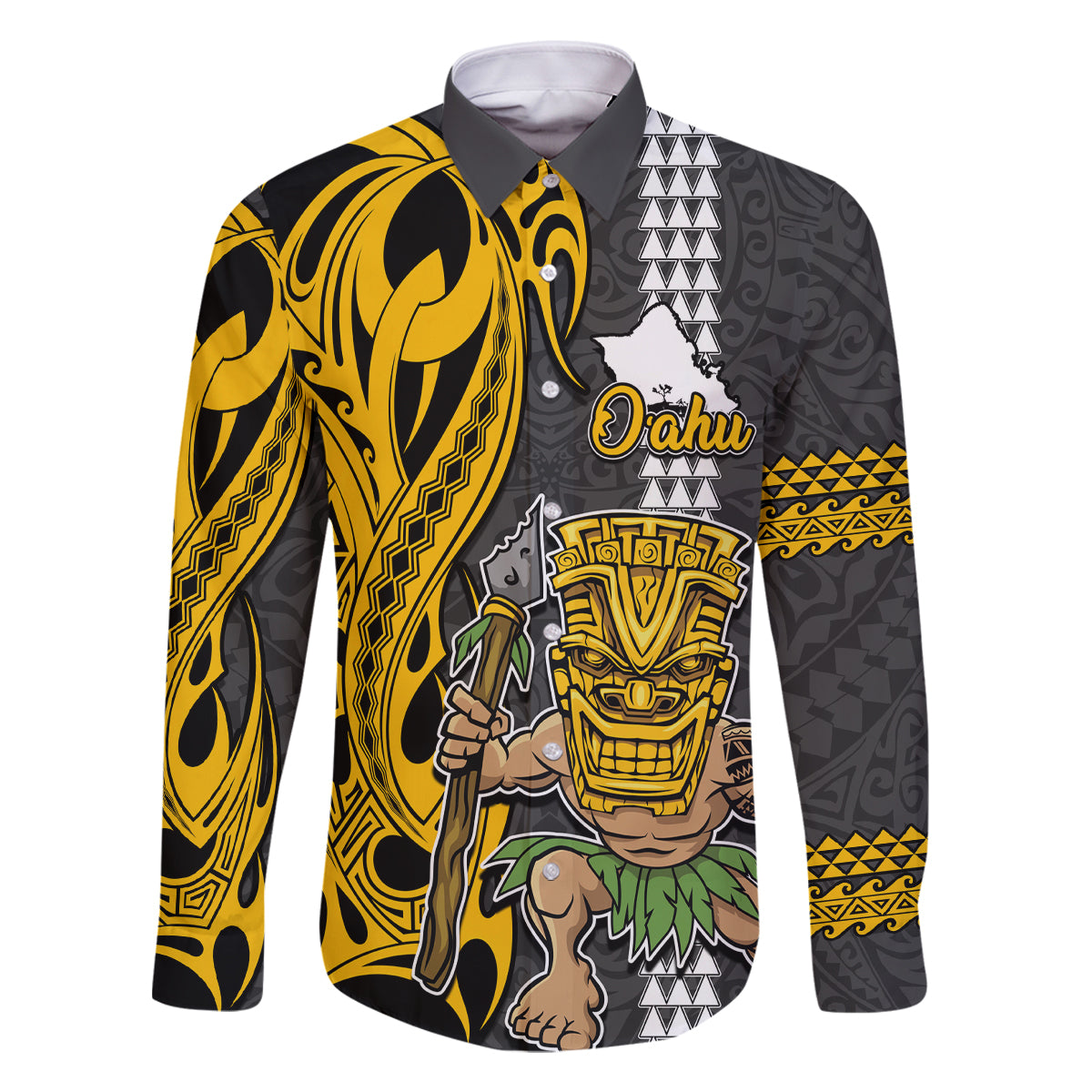 Custom Hawaii Oahu Island Family Matching Long Sleeve Bodycon Dress and Hawaiian Shirt Hawaiian Warrior and Kakau Symbols Abstract Tattoo LT03 Dad's Shirt - Long Sleeve Yellow - Polynesian Pride