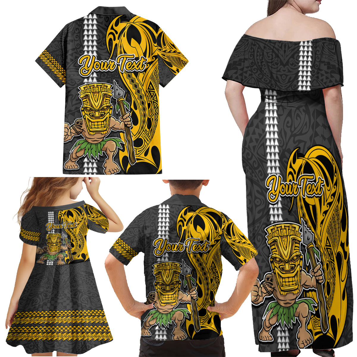 Custom Hawaii Oahu Island Family Matching Off Shoulder Maxi Dress and Hawaiian Shirt Hawaiian Warrior and Kakau Symbols Abstract Tattoo LT03 - Polynesian Pride