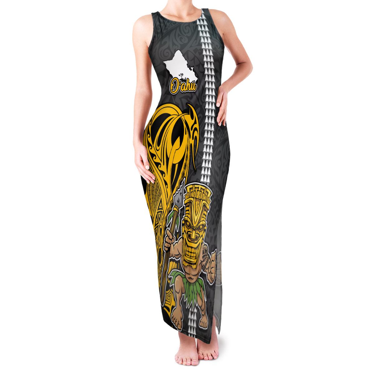 Custom Hawaii Oahu Island Family Matching Tank Maxi Dress and Hawaiian Shirt Hawaiian Warrior and Kakau Symbols Abstract Tattoo LT03 Mom's Dress Yellow - Polynesian Pride