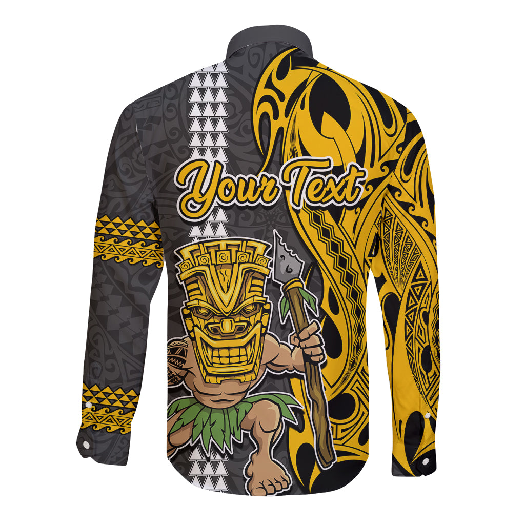 Custom Hawaii Oahu Island Long Sleeve Button Shirt Hawaiian Warrior and Kakau Symbols Abstract Tattoo LT03 - Polynesian Pride