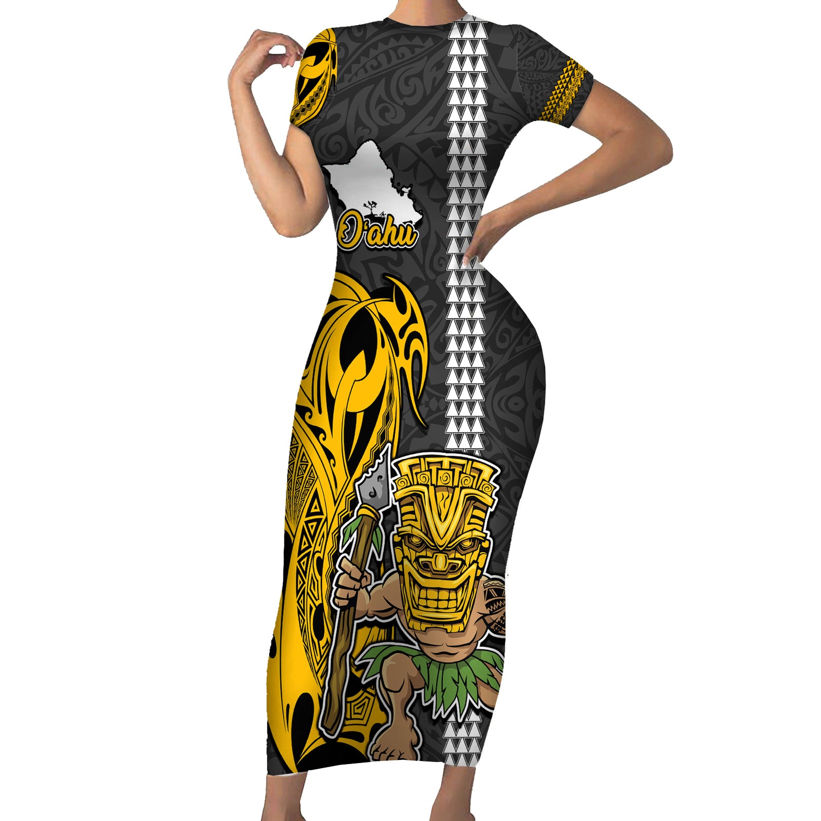 Custom Hawaii Oahu Island Short Sleeve Bodycon Dress Hawaiian Warrior and Kakau Symbols Abstract Tattoo LT03 Long Dress Yellow - Polynesian Pride
